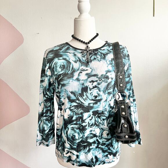 JM Collection Tops - Vintage Blue Floral Top, Y2K‎ 2000s Grunge Indie Sleaze 90s Small